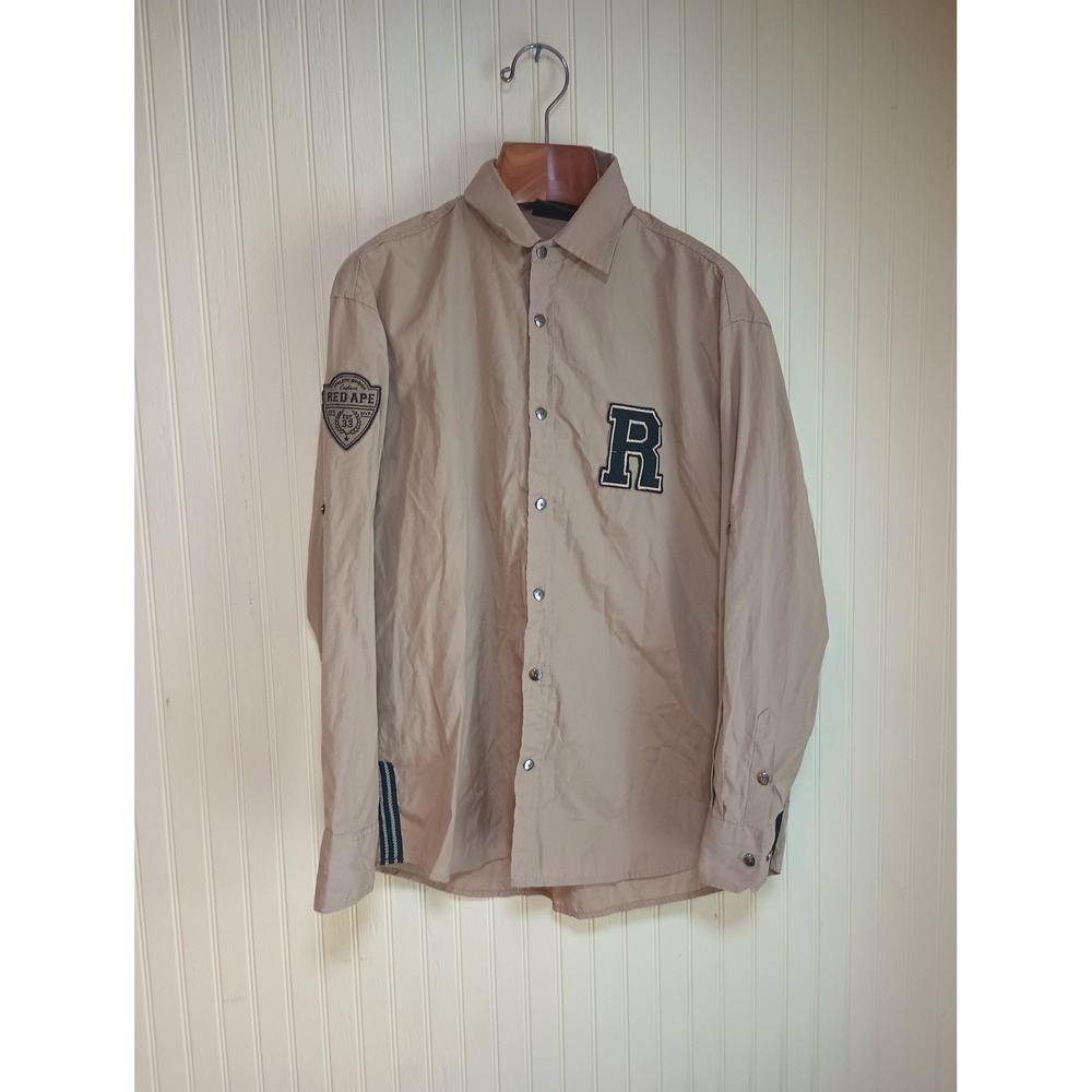 Red Ape Mens Tan Khaki Long Sleeve Button Down Shirt Varsity Patch Size Large - Picture 2 of 13
